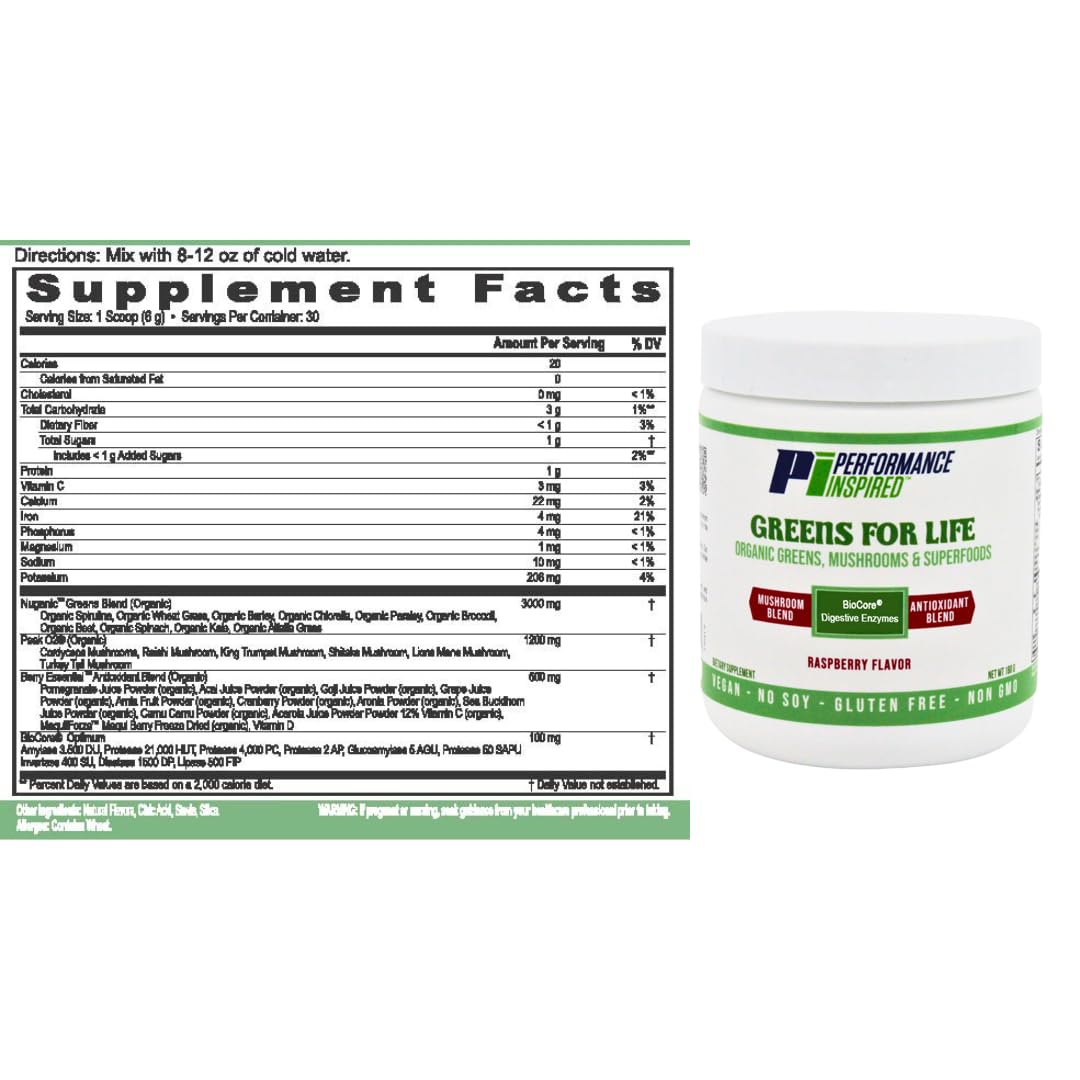 Performance Inspired Greens for Life Organic Greens, Mushrooms, and Superfoods Powder 30 Servings