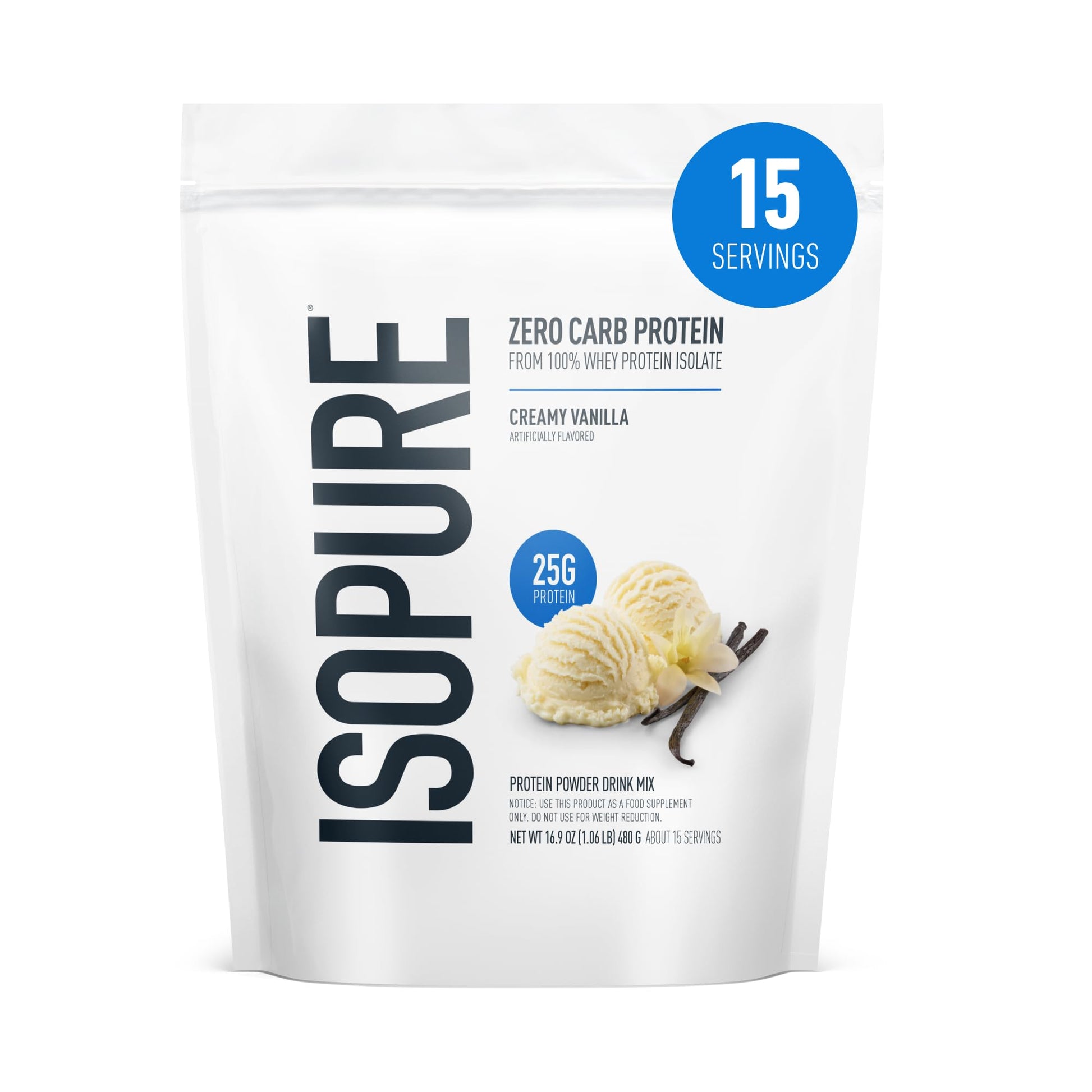 Isopure Zero Carb 100% Pure Whey Isolate Protein Powder Creamy Vanilla, 16 oz