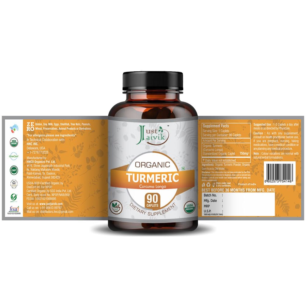 Just Jaivik Organic Turmeric 750 mg Tablets, 90 Count