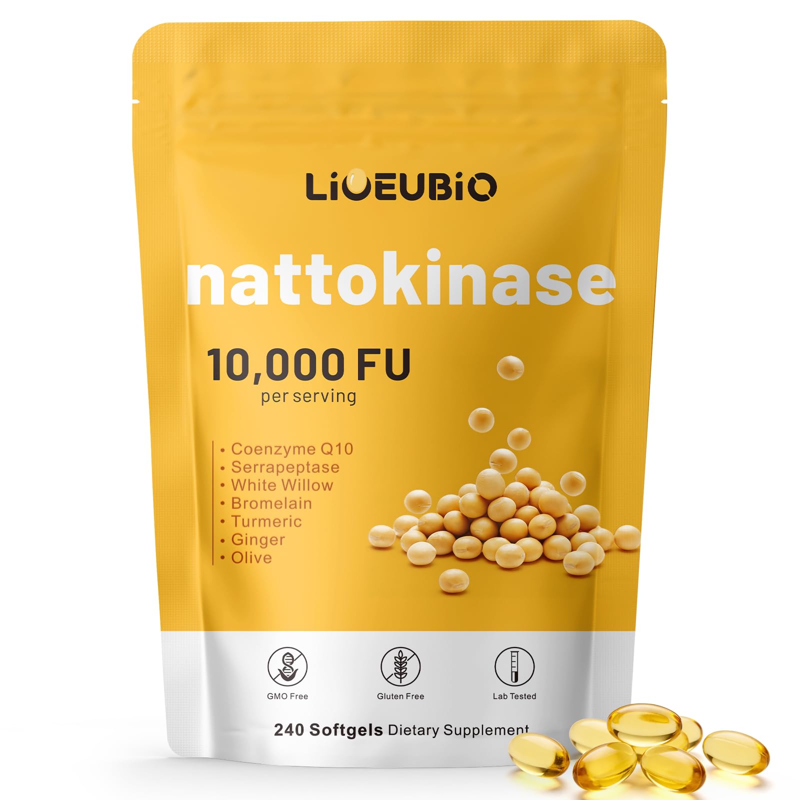 LIOEUBIO Nattokinase Supplement 10,000 FU, 9-in-1 Formula with Serrapeptase, Bromelain, CoQ10, Turmeric & White Willow Bark, 240 Softgels