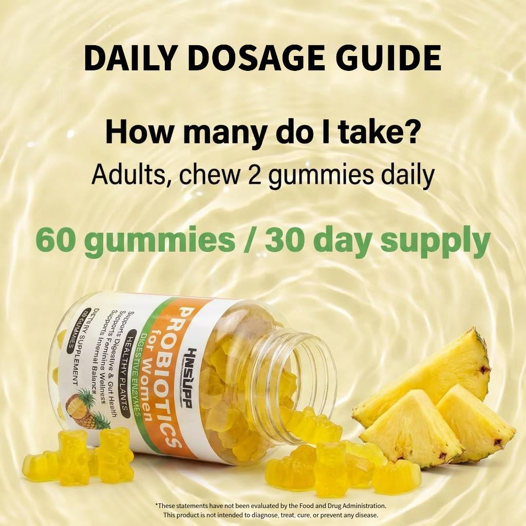 HNSUPP Women Probiotic Gummies Sugar Free Tropical Pineapple Chew, 60 Count
