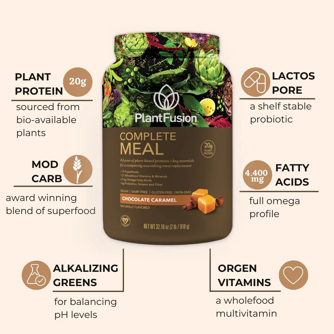 PlantFusion Complete Meal Replacement Shake Powder - Plant Based Protein Powder With Superfoods, Greens & Probiotics - Chocolate Caramel, Vegan, Gluten Free, Soy Free, Non-Dairy, No Sugar, Non-GMO - 31.75 oz