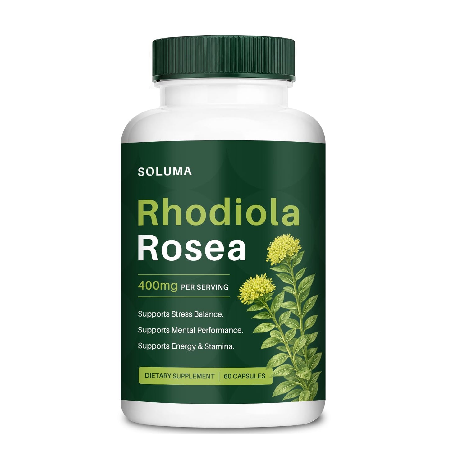 Soluma Rhodiola Rosea 400mg Capsules, Adaptogen Supplement for Stress, Focus & Energy Support, Non-GMO, 60 Capsules