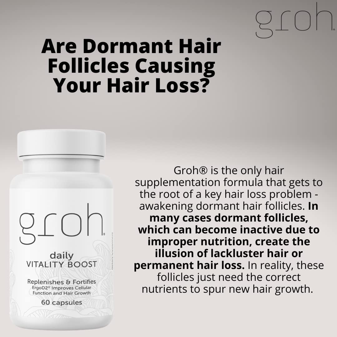GROH Daily Vitality Boost All Natural Hair Growth Supplement Powered by ErgoD2 Capsule 60 Count