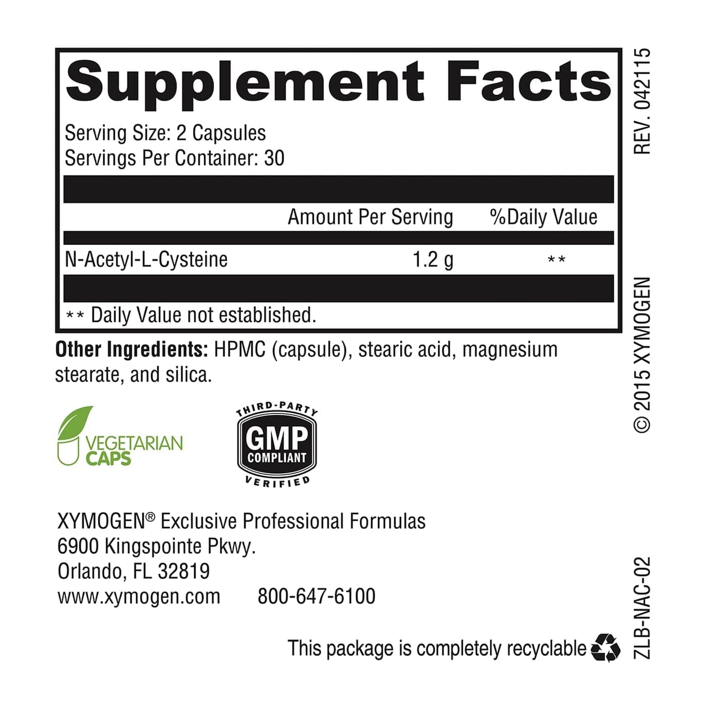 XYMOGEN NAC 1200 mg N-Acetyl-Cysteine Antioxidant Amino Acid Capsules, 60 Capsules