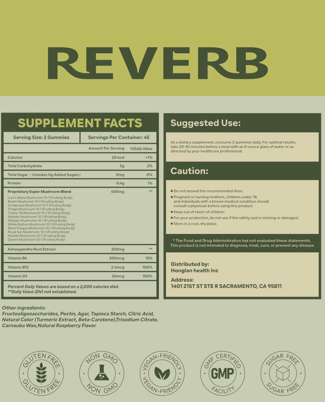 REVERB Mushroom Gummies 16-In-1 Mushroom Blend with Ashwagandha, Brain Health & Focus, 90 Gummies