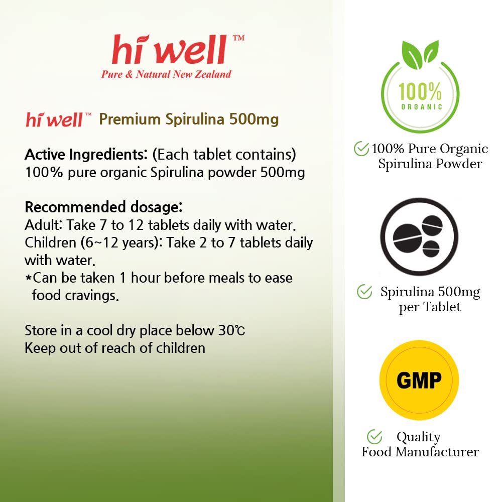 HI WELL PURE & NATURAL NEW ZEALAND Spirulina Organic Tablets 500