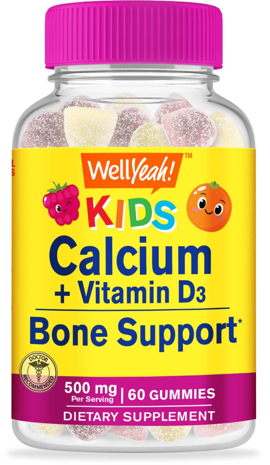 WellYeah Calcium 500mg + Vitamin D3 1000 IU (25 mcg) Gummies for Kids, 60 Gummies
