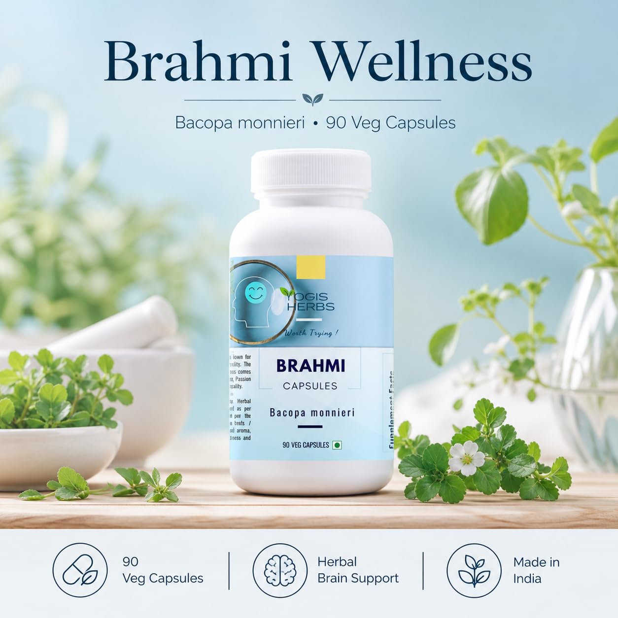YOGIS HERBS Brahmi Capsules (Bacopa Monnieri) – Herbal Supplement for Mental Energy & Brain Support, 90 Count