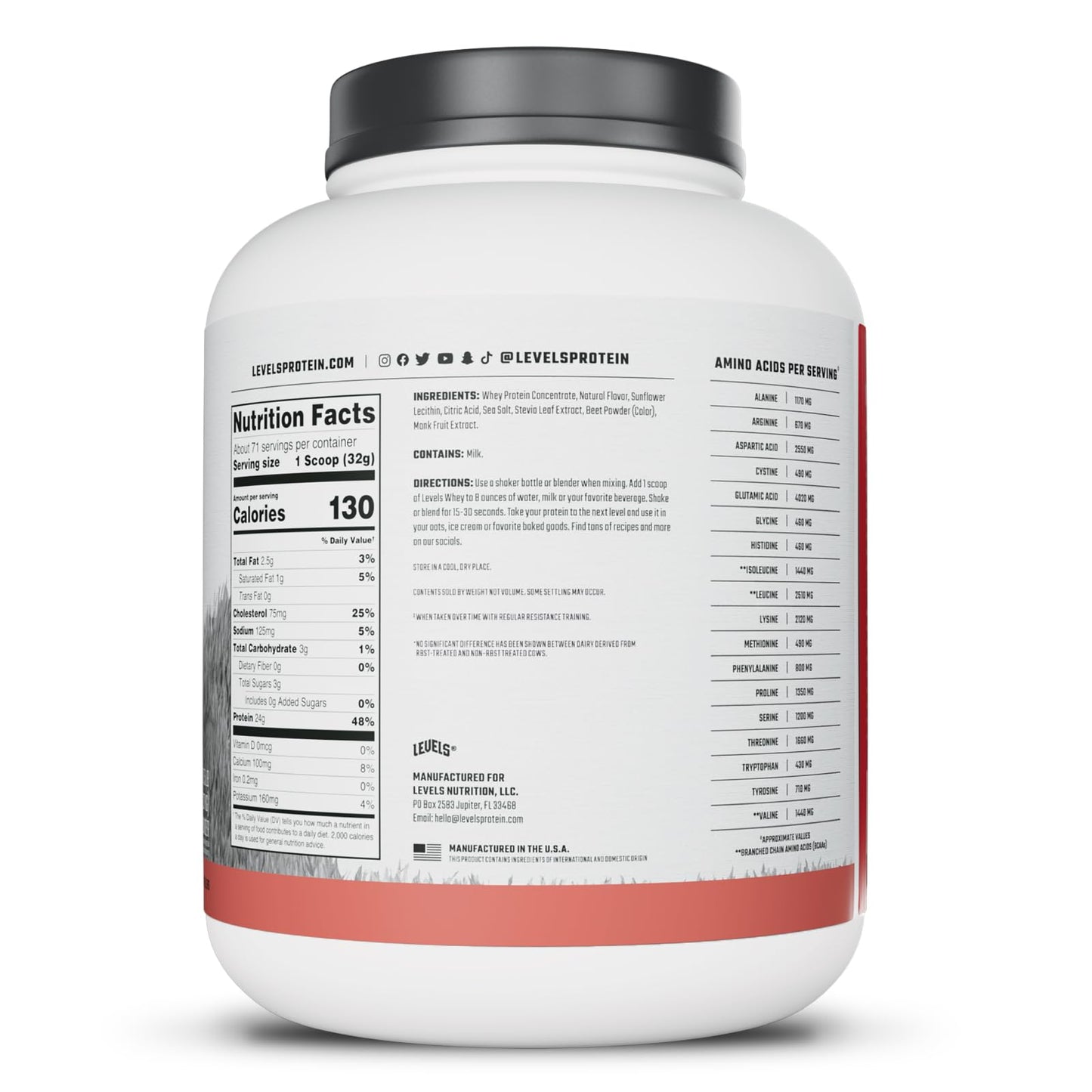 Levels Nutrition Grass Fed Whey Protein Powder Strawberry, 80 Servings