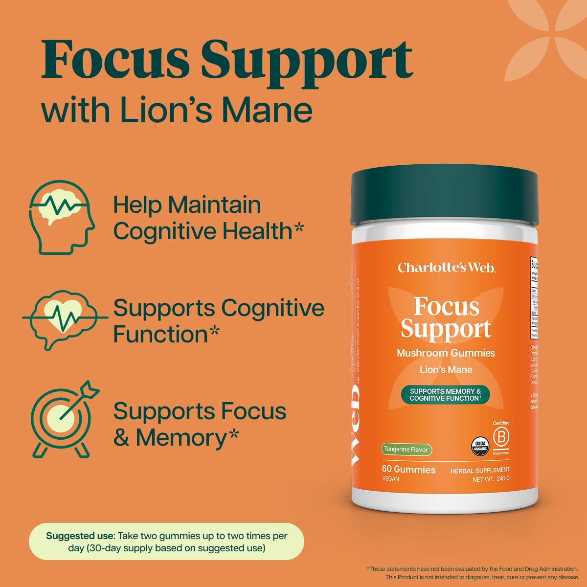 Charlotte's Web Focus Support Mushroom Gummies with Lion's Mane, 60 Gummies