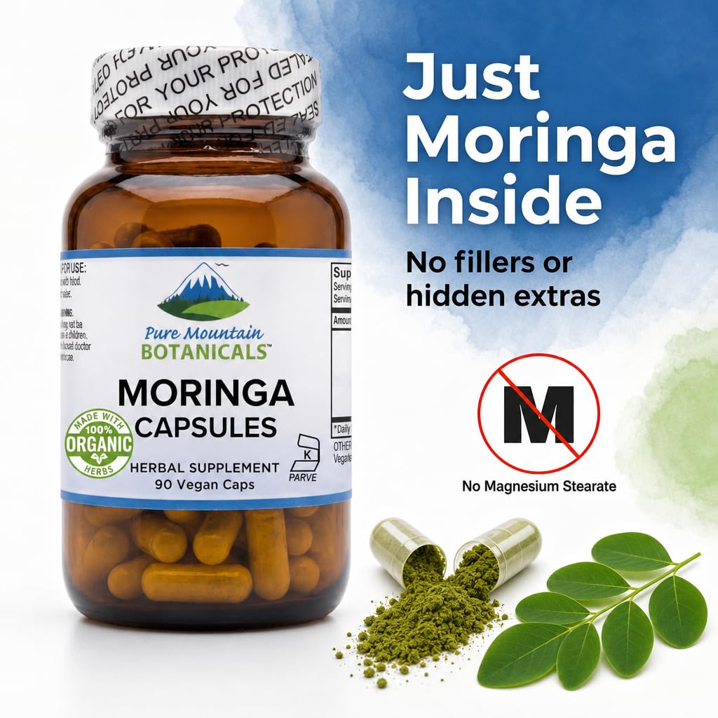 Pure Mountain Botanicals Moringa Capsules 1000mg Organic Moringa Oleifera Leaf, 90 Capsules