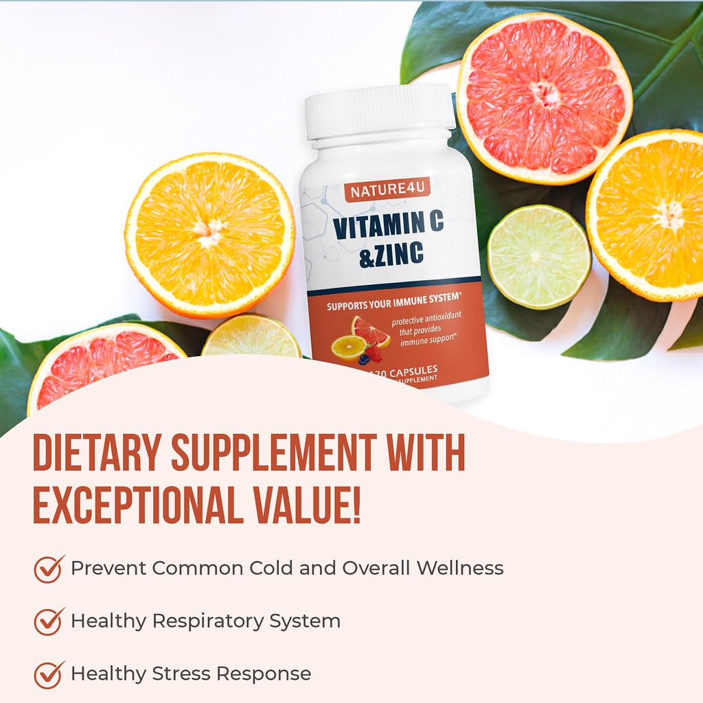 Nature4U Vitamin C 1000mg with Zinc, Rose Hips and Citrus Bioflavonoids Capsules, 120