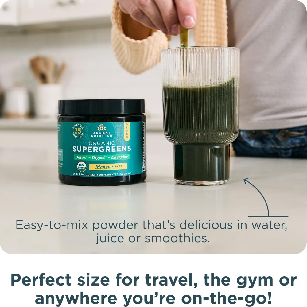 Ancient Nutrition SuperGreens Powder with Probiotics, Organic Mango Flavor, 3.3 oz