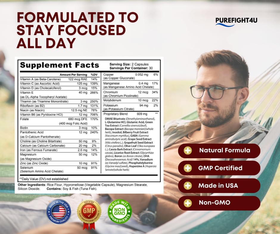 PureFight4U Brain Productivity Supports Focus, Memory & Cognitive Function Capsules 60 Count