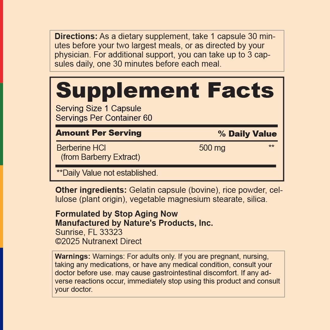 Stop Aging Now Berberine HCL Extract Supplement Capsule, 60 Capsules