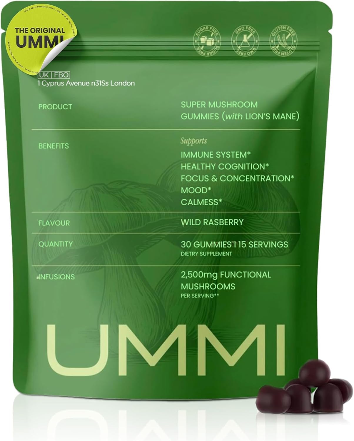 UMMI 12-in-1 Super Mushroom Gummies with Lion's Mane, Reishi, Cordyceps 2500mg Functional Mushrooms Complex, 30 Count