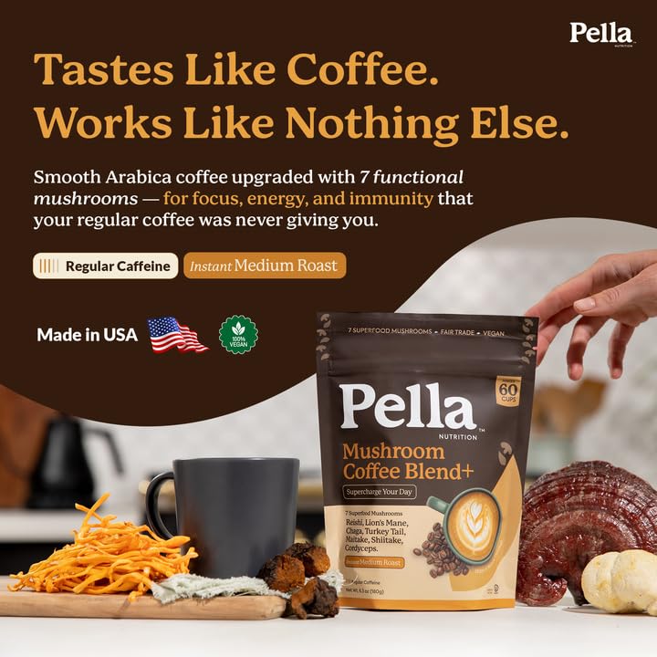 Pella Nutrition Mushroom Coffee with Lions Mane, Reishi, Chaga, Cordyceps, Shiitake, Maitake & Turkey Tail - Powder, 6.3 oz