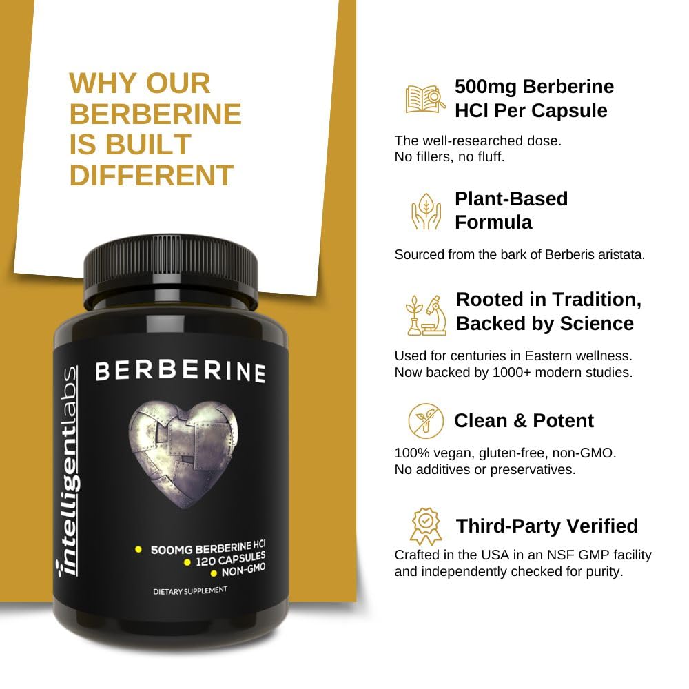 Intelligent Labs Berberine HCL Plus 500 mg per Capsule, 120 Capsules