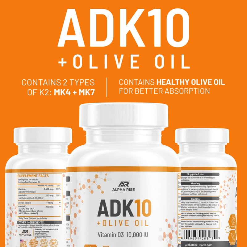 ALPHA RISE ADK 10 Vitamin Supplement + Olive Oil for Better Absorption Capsules 90 Count