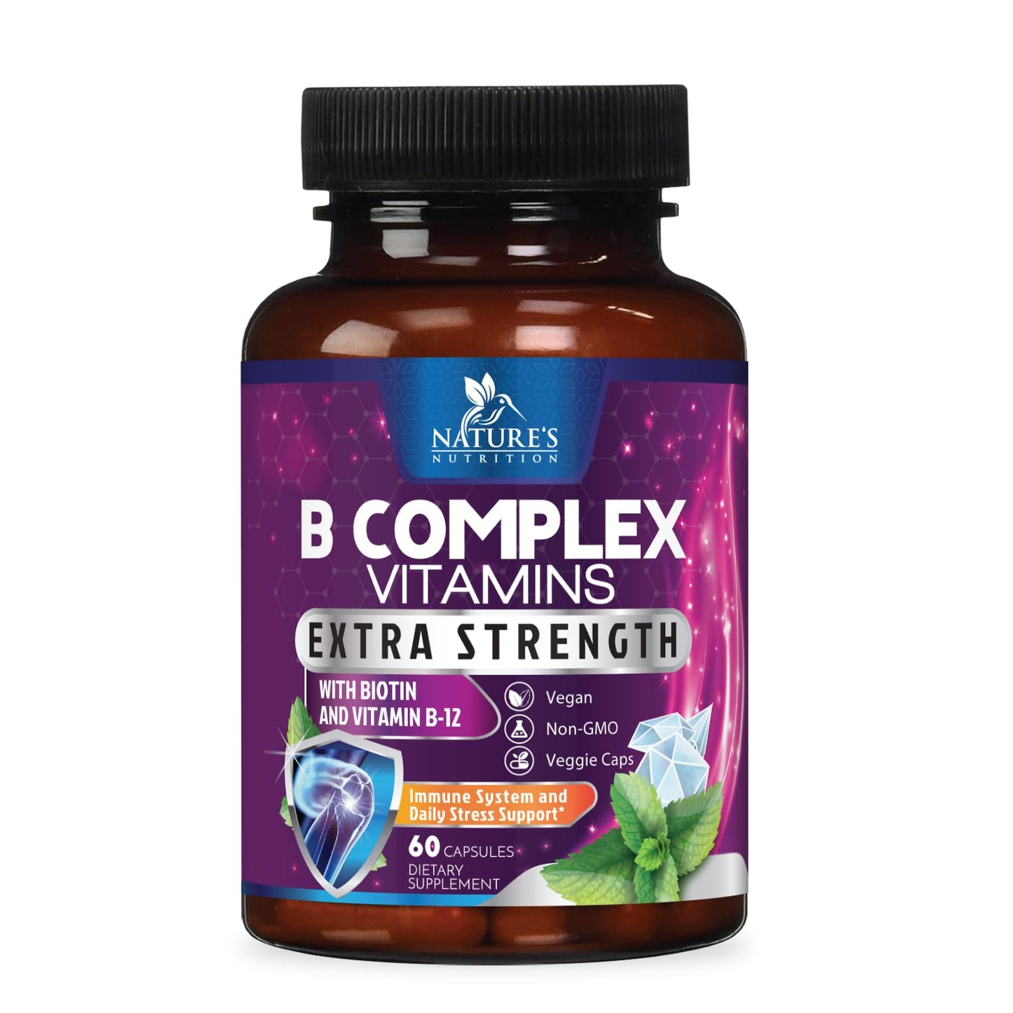 Nature's Nutrition B Complex Vitamins Capsules - Super Complete B-100 Complex with Vitamin B12 B6 C Biotin Folate & Folic Acid for Immune & Energy Support, 60 Capsules