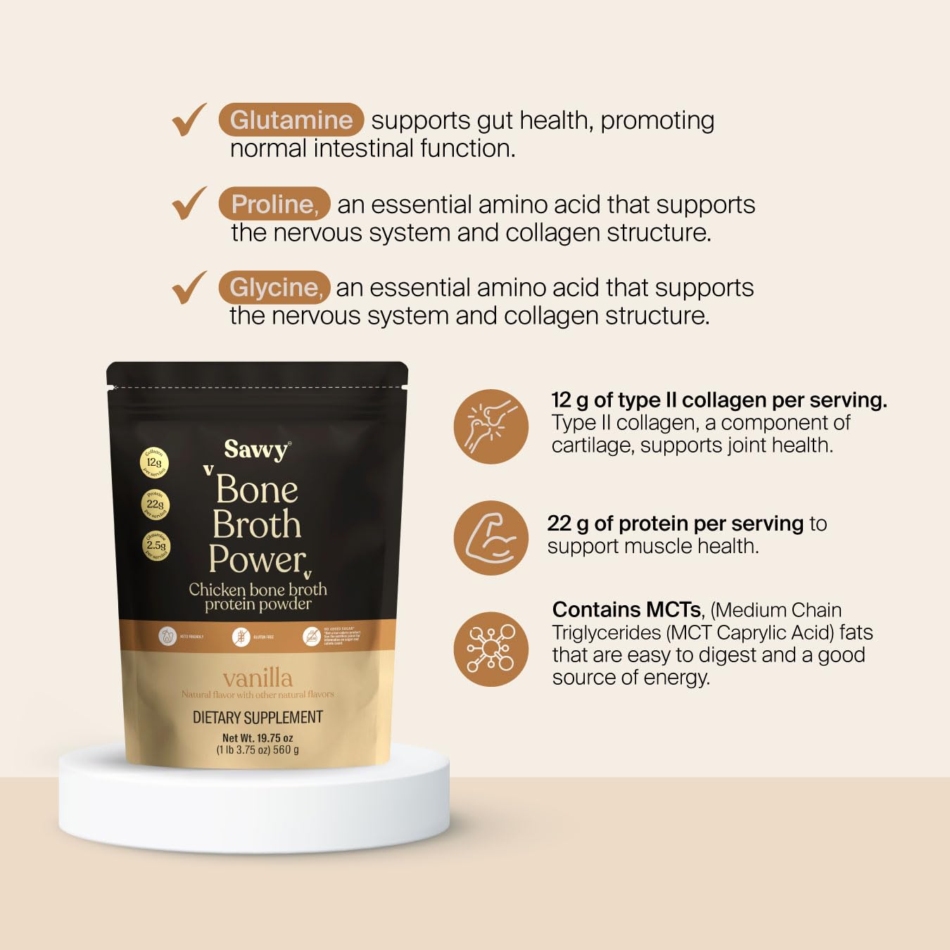 SAVVY Bone Broth Power Vanilla Protein Powder 1.23 Pound Pack of 1