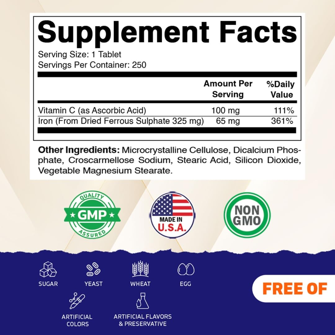 Vitamatic Ferrous Sulfate 325 mg with Vitamin C 100 mg (65 mg Elemental Iron) High Potency Iron Supplement No Artificial Colors 500 Tablets