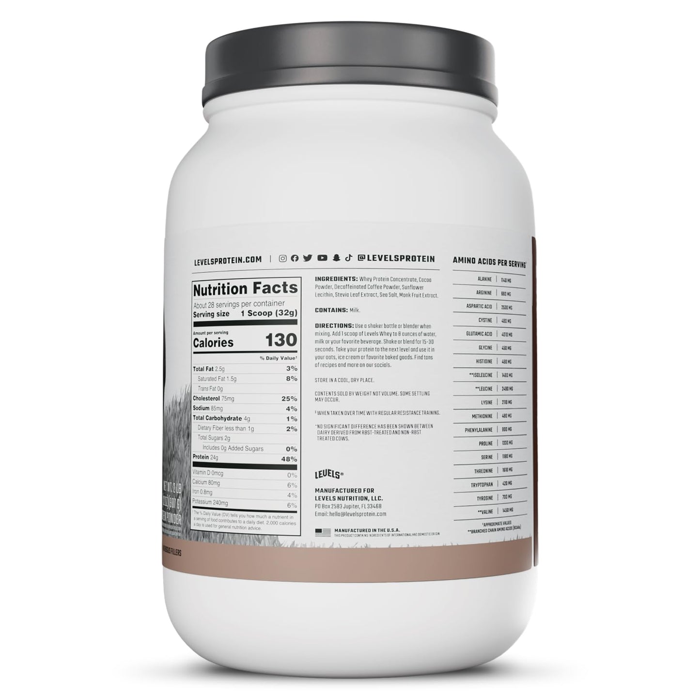 Levels Grass Fed Whey Protein Powder, Chocolate Mocha, 32 Servings