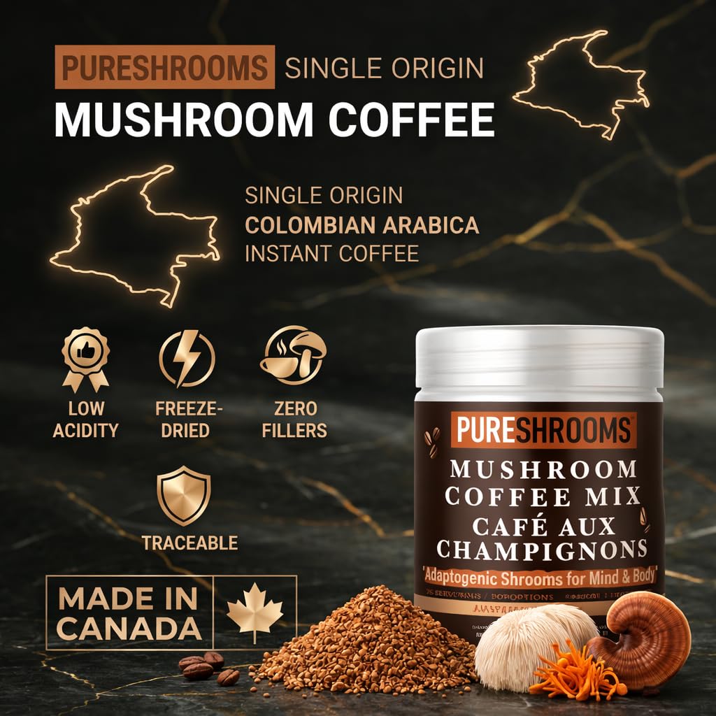 PureShrooms Instant Mushroom Coffee with Organic Lion’s Mane, Reishi & Cordyceps Powder, 3.53 oz