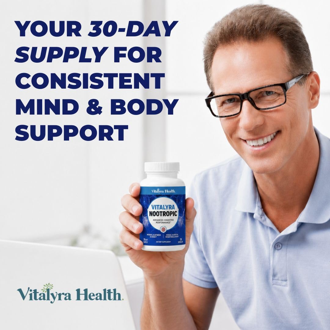 Vitalyra Health Nootropic 12-in-1 Brain Supplement for Memory, Focus & Energy Support – L-Tyrosine, Bacopa, Rhodiola, Caffeine, B Vitamins – Cognitive Balance Capsules, 60 Capsules