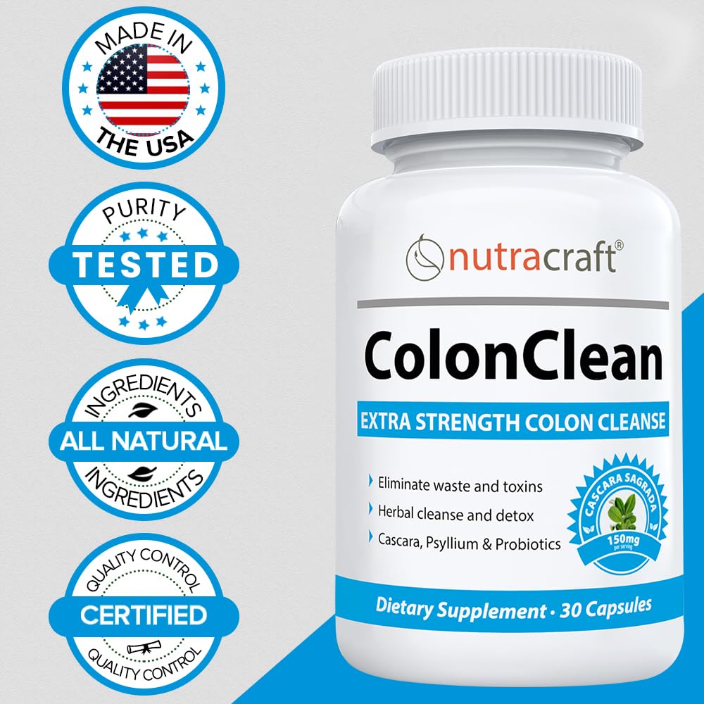Nutracraft ColonClean #1 Colon Detox and Constipation Relief with Senna, Cascara Sagrada, Psyllium, MCT, Aloe and Probiotics Capsules, 30 Count
