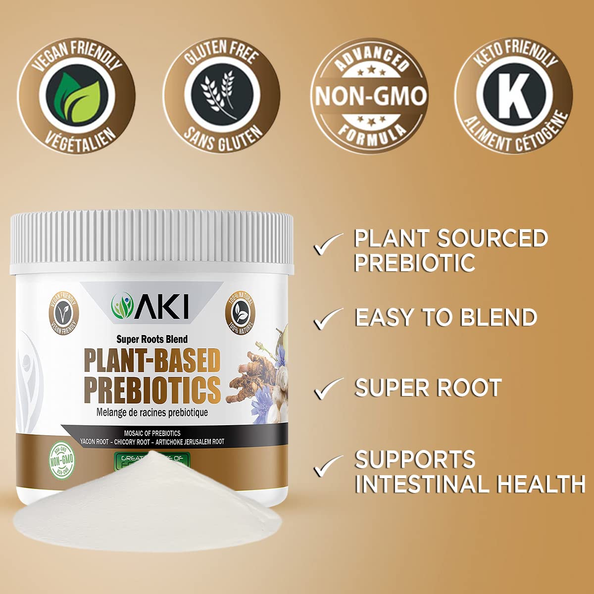 AKI ORGANIC Plant-Based Prebiotic Powder - FOS & Inulin Source & Gluten-Free, 6 oz