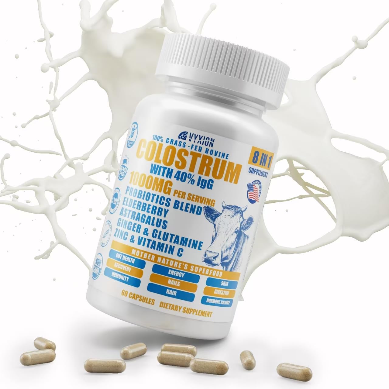 Vyxion 8-in-1 Bovine Colostrum Capsules, 1000mg, 60 Count