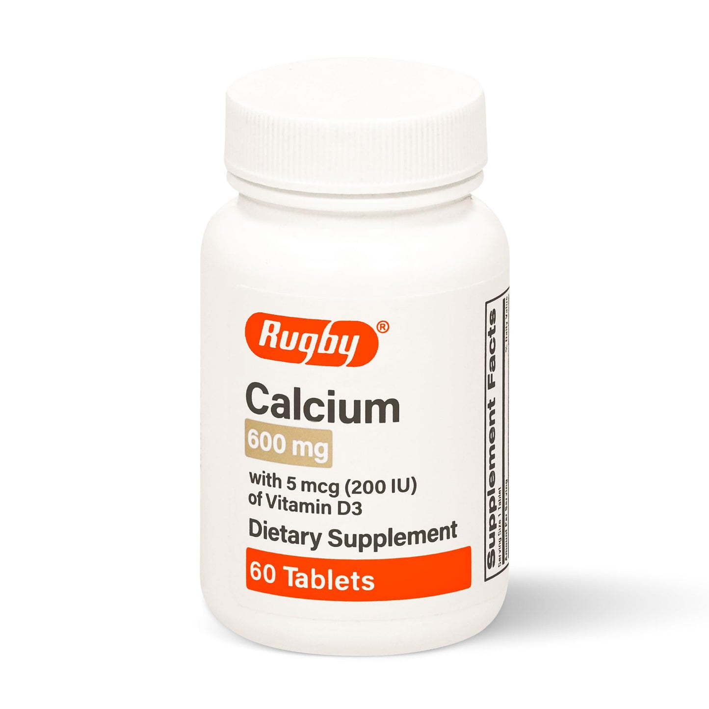 Rugby Laboratories Calcium 600 mg Tablets with Vitamin D3 200 IU (5 mcg), Gluten-Free Daily Vitamin D Dietary Supplement for Bone Health and Calcium Absorption, 60 Tablets