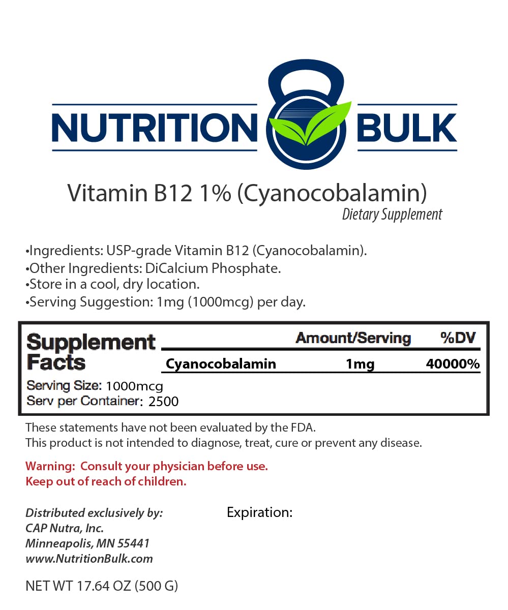 Nutrition Bulk Vitamin B12 1% Cyanocobalamin Powder, 17.64 oz