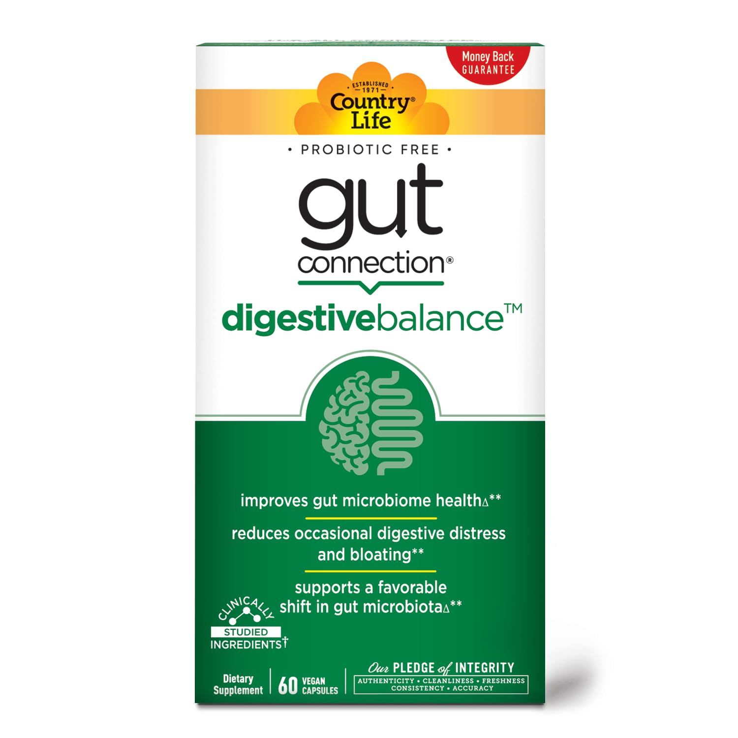 Country Life Gut Connection Digestive Balance – Prebiotic & Digestive Enzyme Supplement for Gut Health, Bloating Relief, and Improved Bowel Movements 60 Capsules
