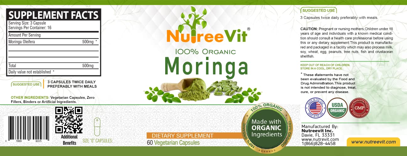 NutreeVit 100% Organic Moringa, 60 Capsules