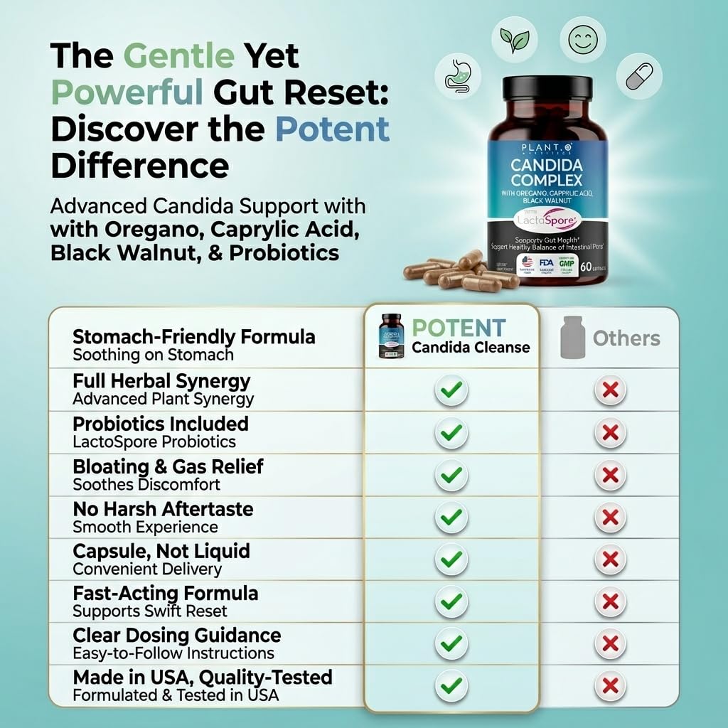 PLANT.O NUTRITION Candida Cleanse Supplement & Yeast Support with Probiotics (LactoSpore®), Oregano Oil, Caprylic Acid, Black Walnut – Advanced Gut Health, Digestive Enzymes, pH Balance for Women and Men, 60 Capsules