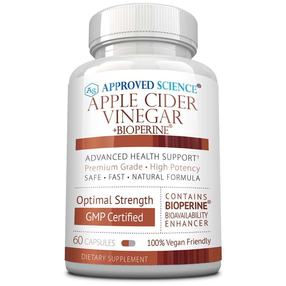 Approved Science Apple Cider Vinegar Capsules with The Mother and BioPerine 1600mg ACV Supplement – Non-GMO, Vegan, 60 Capsules