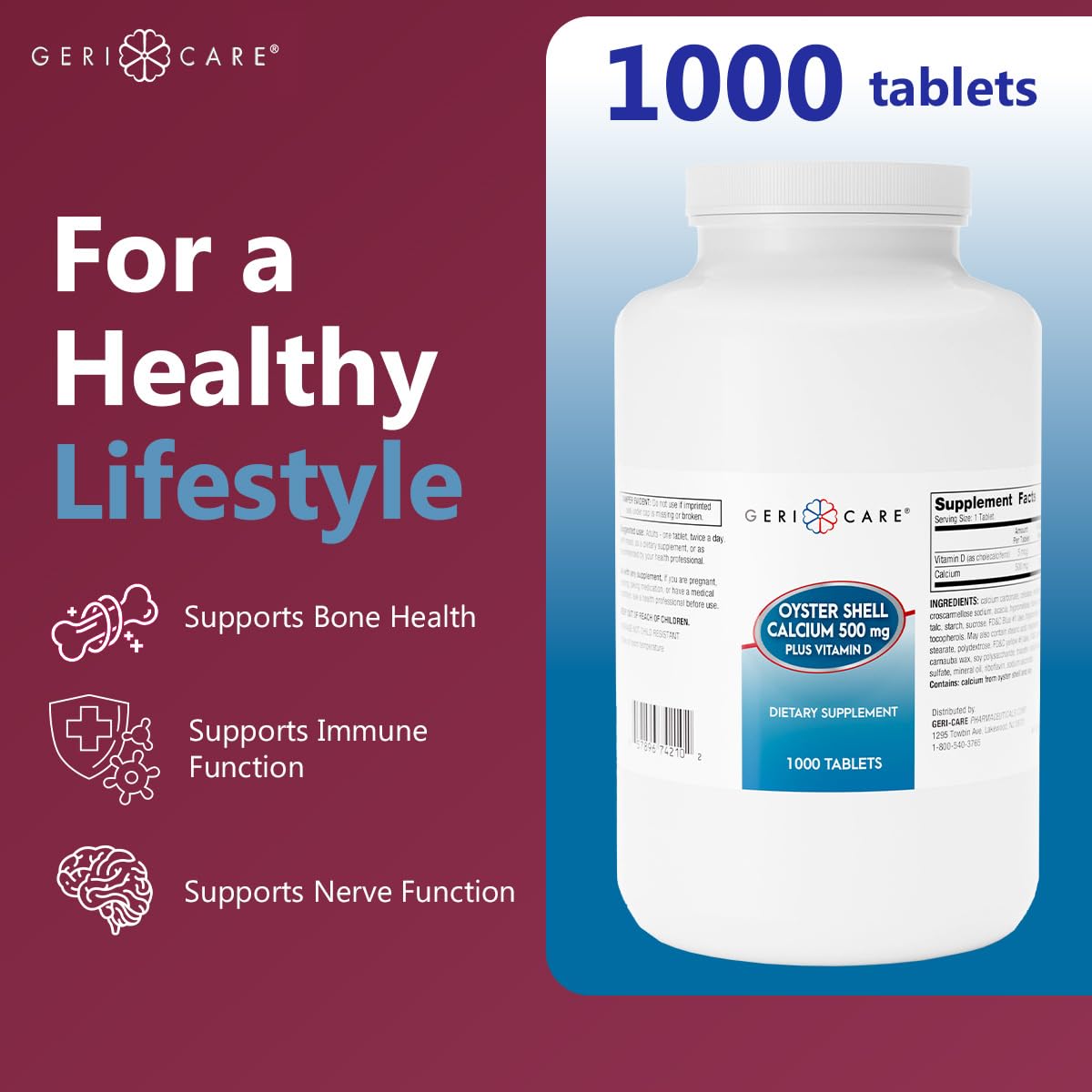 GeriCare Oyster Shell Calcium 500mg + Vitamin D Tablet, 1000 Count