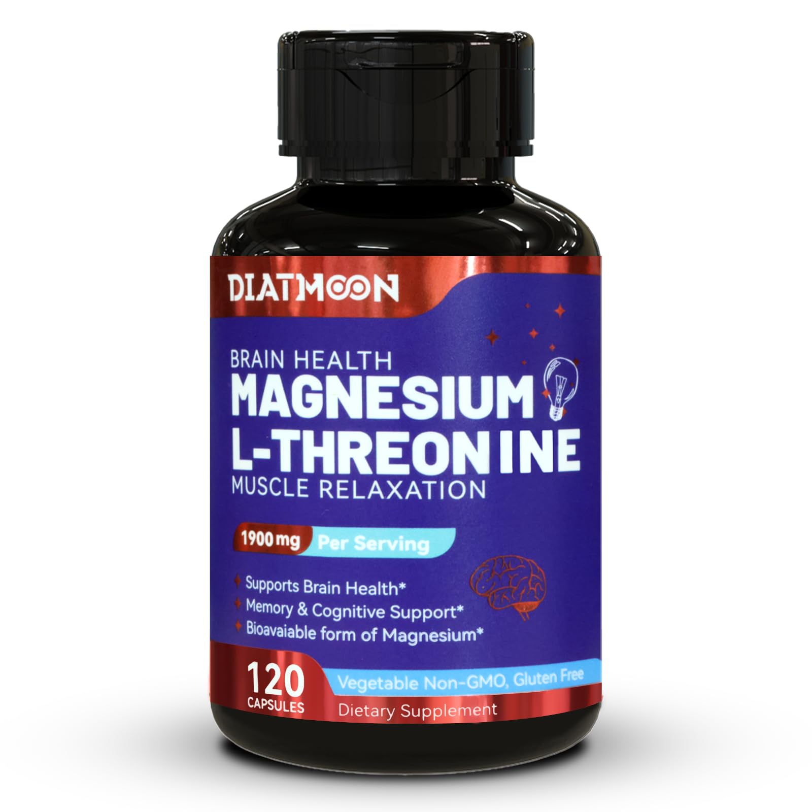 DIATMOON Magnesium L-Threonine Capsules, 1900mg Magnesium L-Threonine, 120 Veg Capsules
