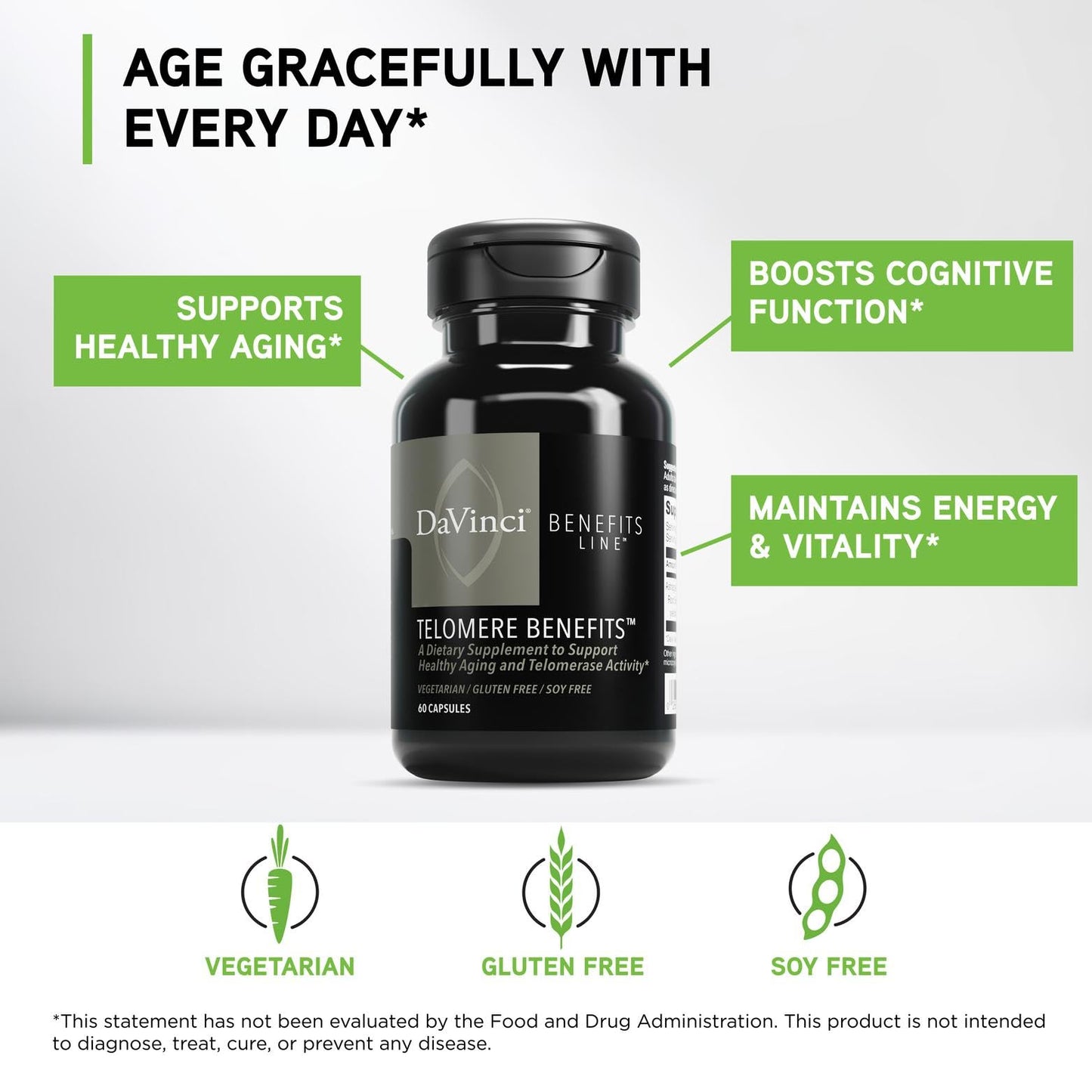 DAVINCI Telomere Benefits Dietary Supplement to Support Healthy Aging, Antioxidant Levels, Memory and Telomerase Activity* with Astragalus Root Extract - Gluten-Free - 60 Capsules