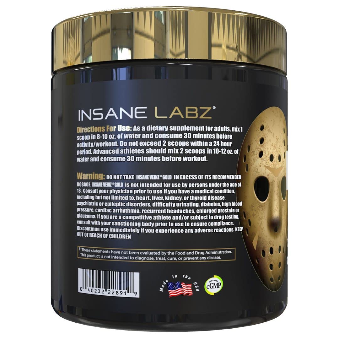 Insane Labz Insane Veinz Gold Nitric Oxide Non Stimulant Pre Workout Powder 6.34 Ounce