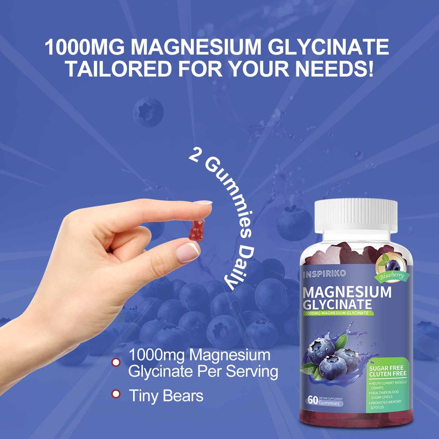Inspiriko Magnesium Glycinate Gummies 1000mg - Sugar-Free Magnesium Potassium Supplement with Vitamin D, B6, CoQ10 for Adults & Kids, High Absorption for Calm Mood & Sleep Support - 60 Blueberry Gummies