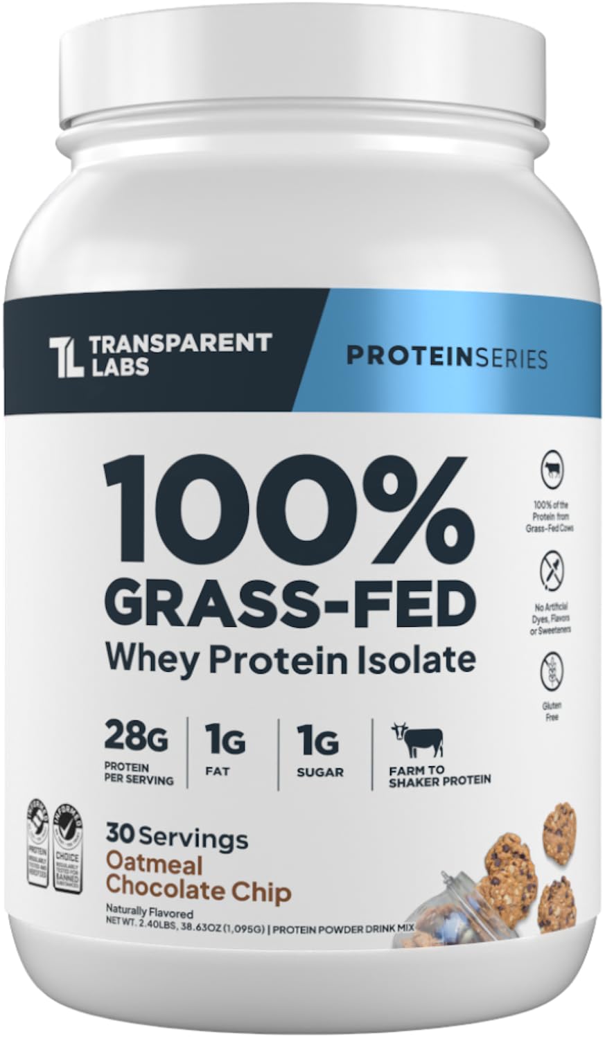 Transparent Labs Grass-Fed Whey Protein Isolate Powder, Oatmeal Chocolate Chip Cookie, 30 Servings