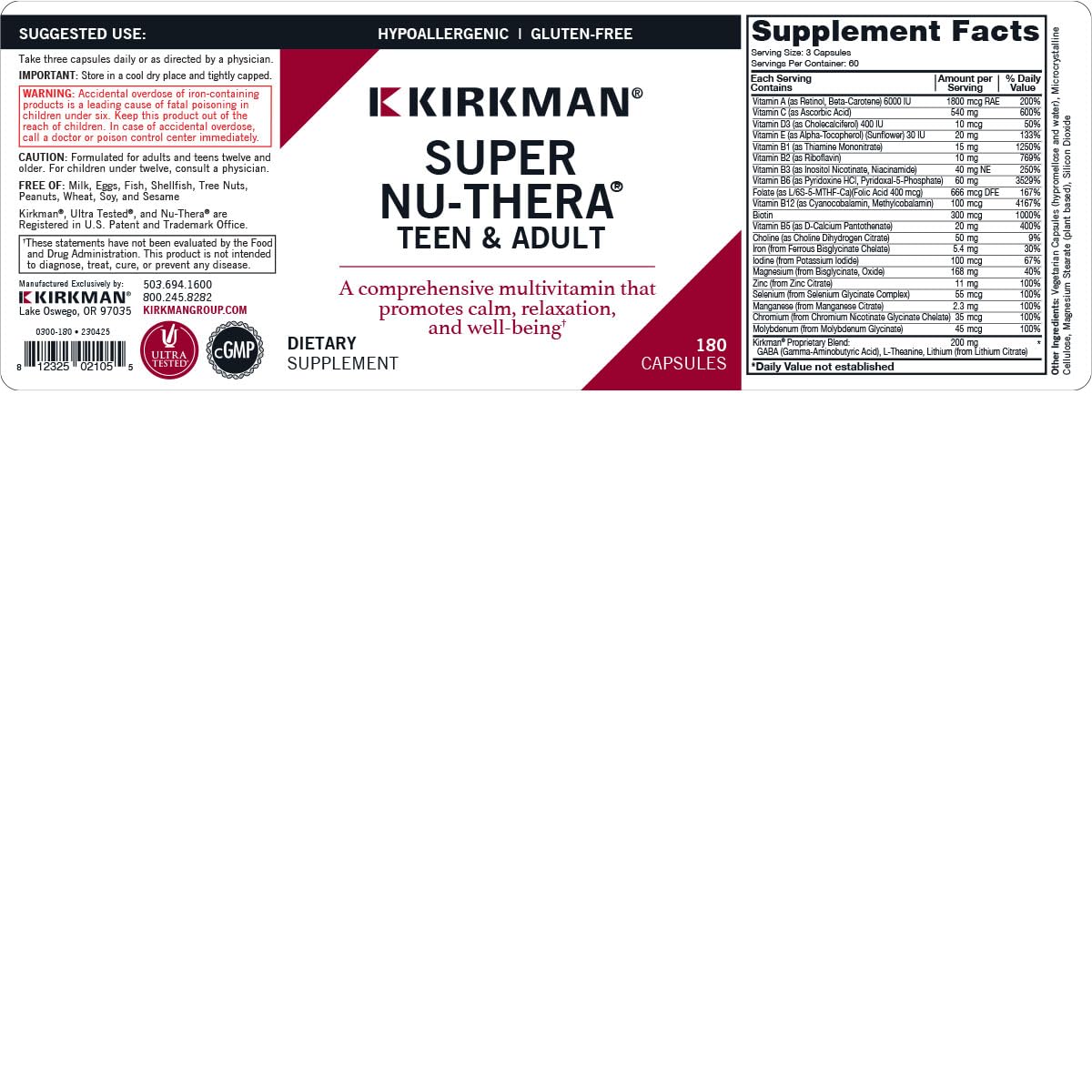 Kirkman Super Nu-Thera Multivitamin Teen & Adult Capsule 180 Count