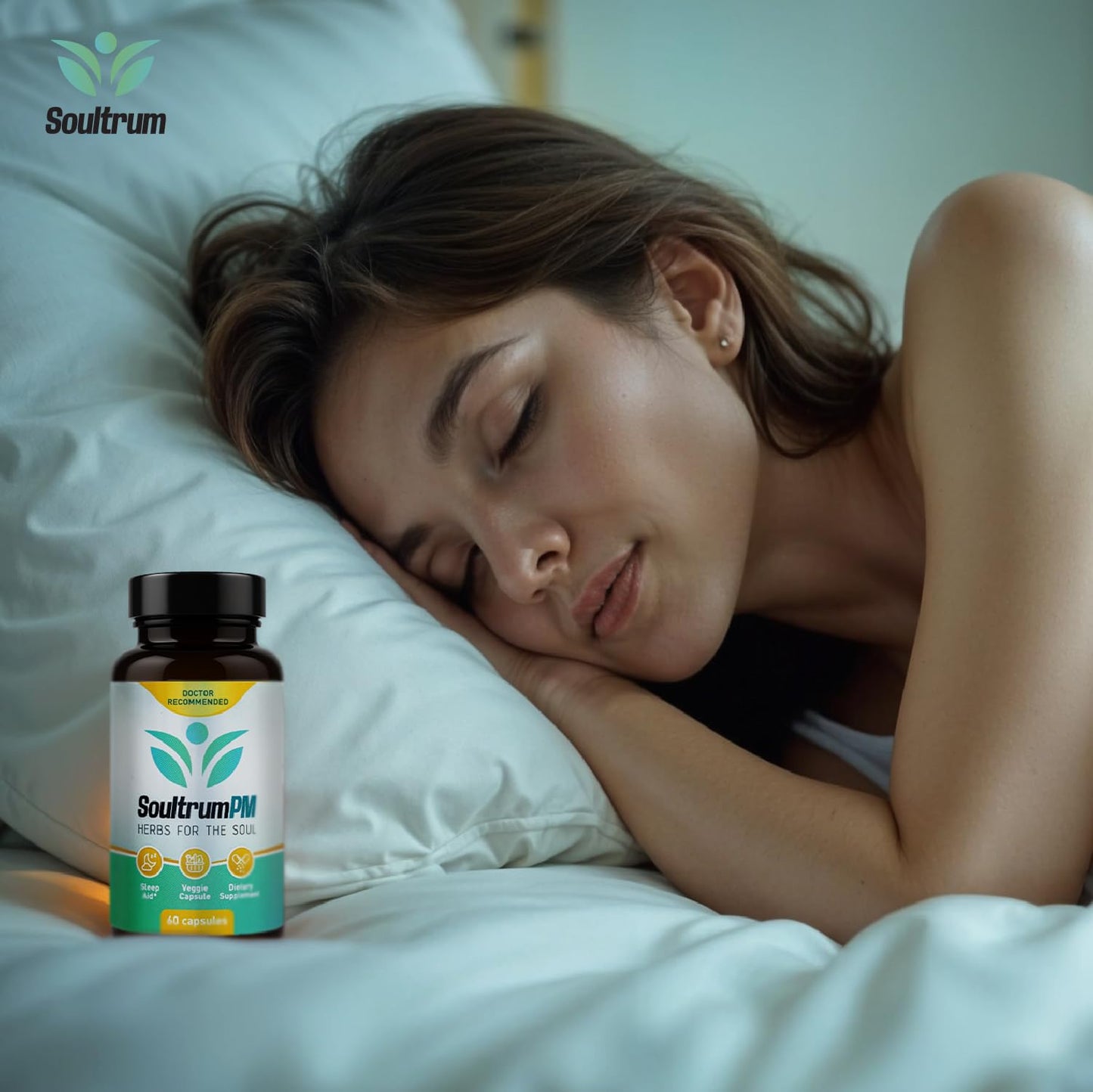 Soultrum Natural Sleep Aid Nighttime Sleeping Supplement with Melatonin 3mg, L-Theanine 200mg, Vitamin B6 5mg, Magnesium Glycinate 11mg, Ashwagandha, Chamomile, Valerian Root, Passionflower, 60 Capsules