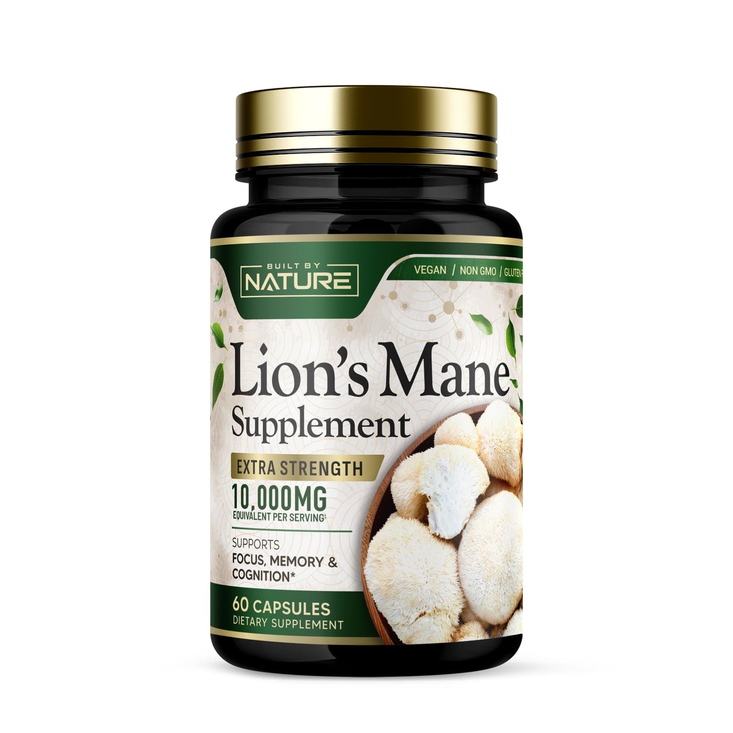 Built by Nature Lion’s Mane Extra Strength Mushroom Supplement for Nootropic Brain Support – Focus, Memory and Cognitive Function Capsules, 60 Capsules