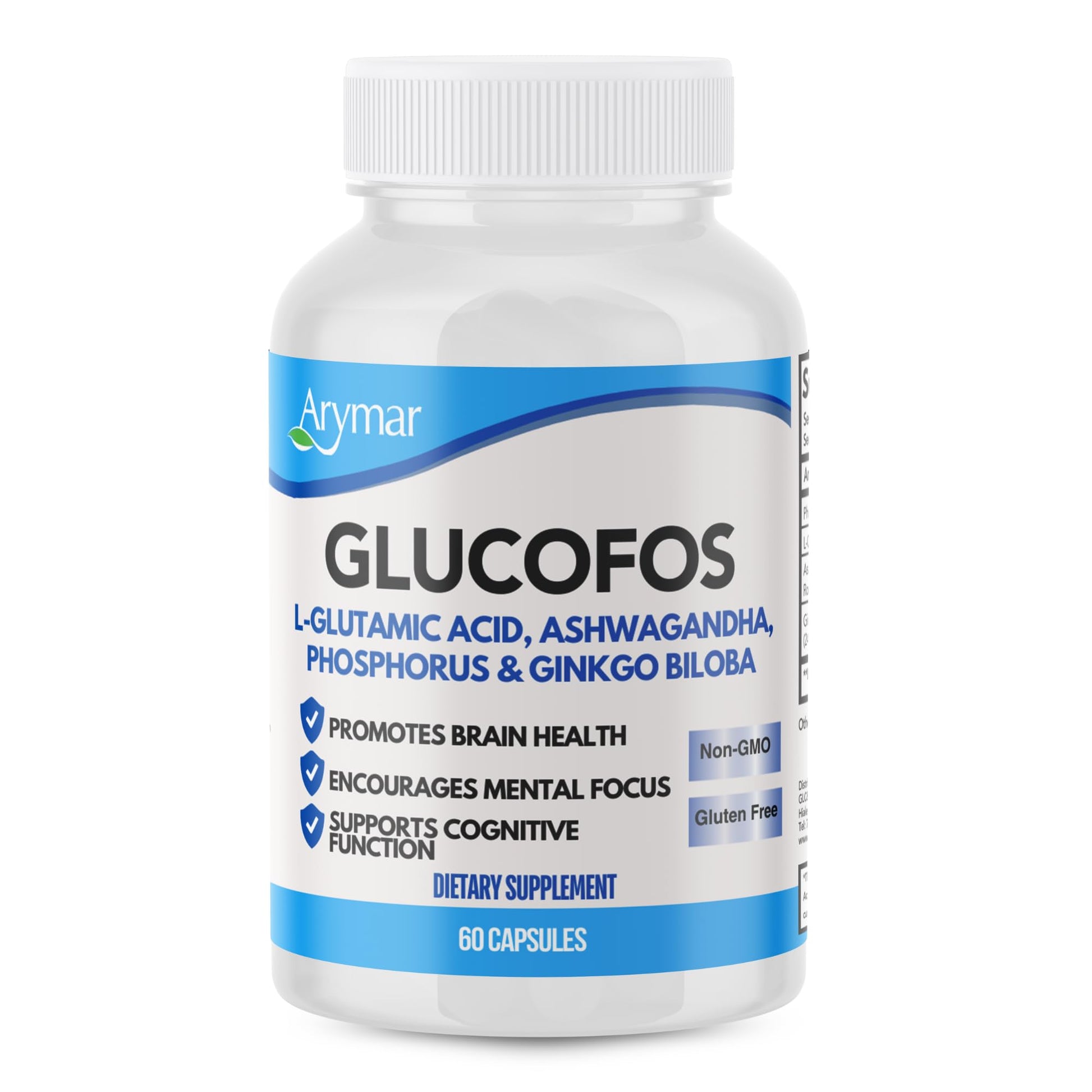 Arymar Glucofos L-Glutamic Acid, Ashwagandha, Ginkgo Biloba & Phosphorus Brain & Nerve Support Supplement Capsules, 60 Count