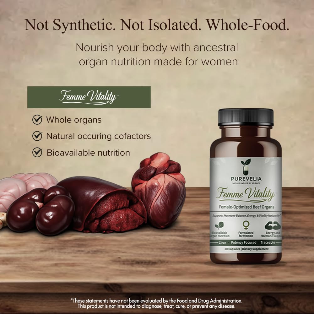 Purevelia Femme Vitality Female-Optimized Beef Organs Capsules, Supports Hormone Balance, Energy, and Vitality, 60 Count